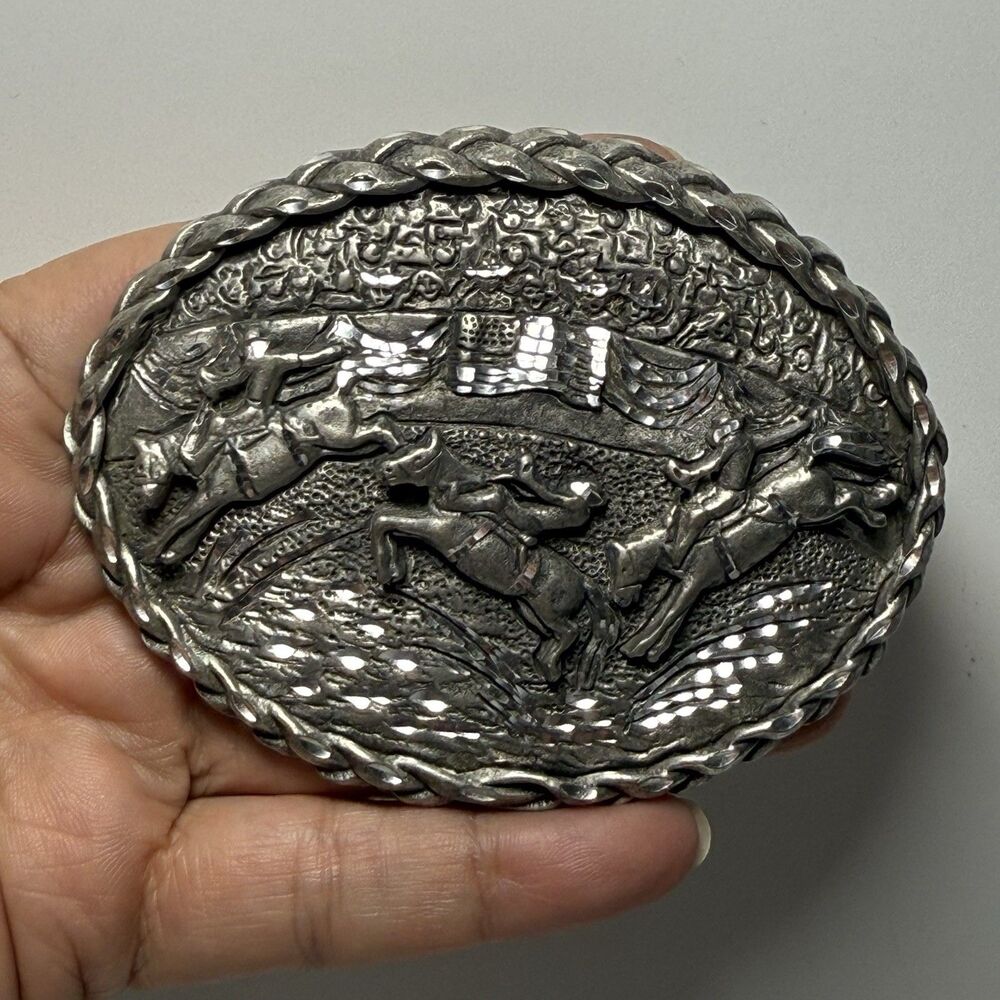 Vintage Ege 1992 Western Rodeo Cowboy Saddle Bronc Rider Belt Silver Buckle